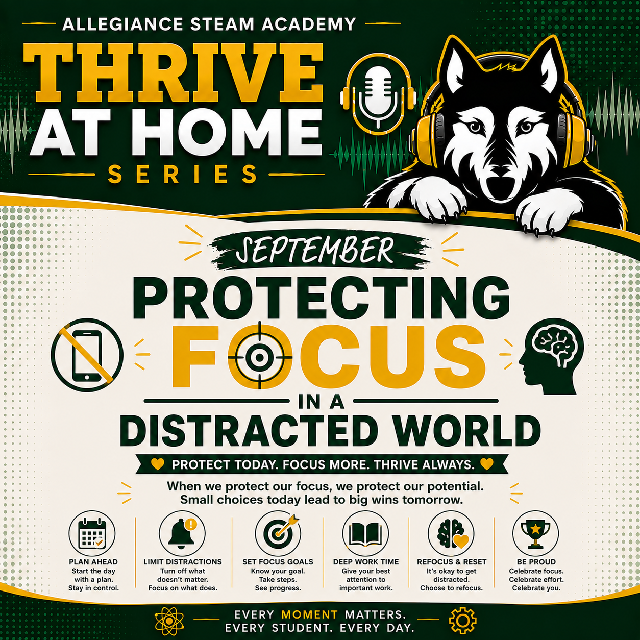 Thrive at home podcast series cover art with ASA wolf mascot